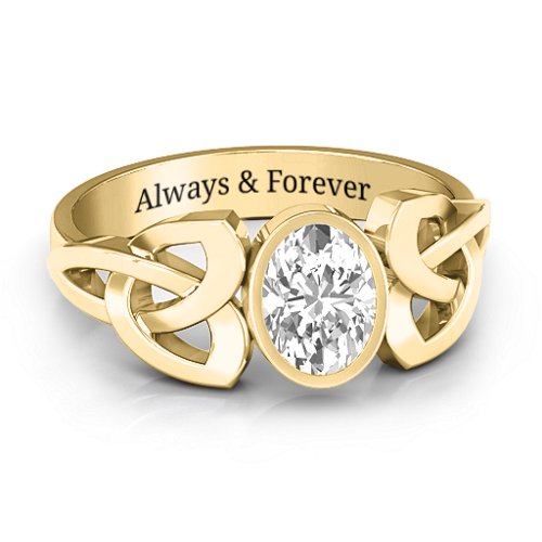 Trinity Knot Ring With Bezel-Set Oval Stone – 9kt Yellow Gold with White Premium Zirconia
