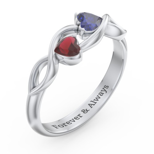 Heavenly Hearts Ring with Heart Birthstones – Sterling Silver with Blue Sapphire and Garnet