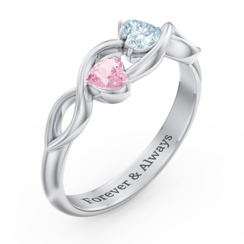 Heavenly Hearts Ring with Heart Birthstones – Sterling Silver with Aquamarine and Pink Tourmaline