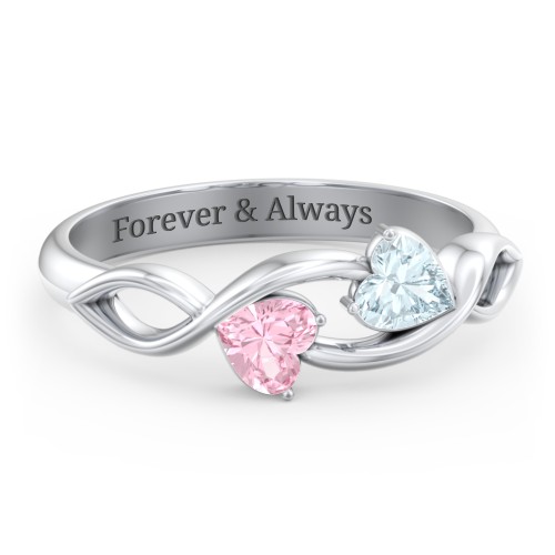Heavenly Hearts Ring with Heart Birthstones – Sterling Silver with Aquamarine and Pink Tourmaline