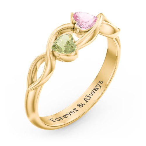 Heavenly Hearts Ring with Heart Birthstones – 9kt Yellow Gold with Pink Tourmaline and Peridot