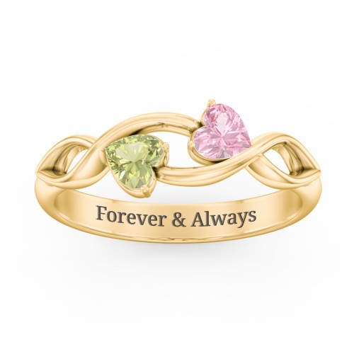 Heavenly Hearts Ring with Heart Birthstones – 9kt Yellow Gold with Pink Tourmaline and Peridot