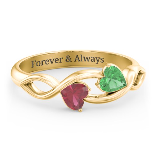 Heavenly Hearts Ring with Heart Birthstones – 9kt Yellow Gold with Emerald and Ruby