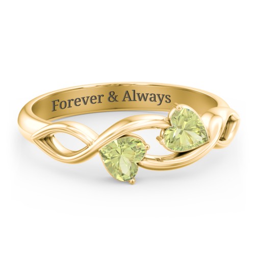 Heavenly Hearts Ring with Heart Birthstones – 9kt Yellow Gold with Peridot