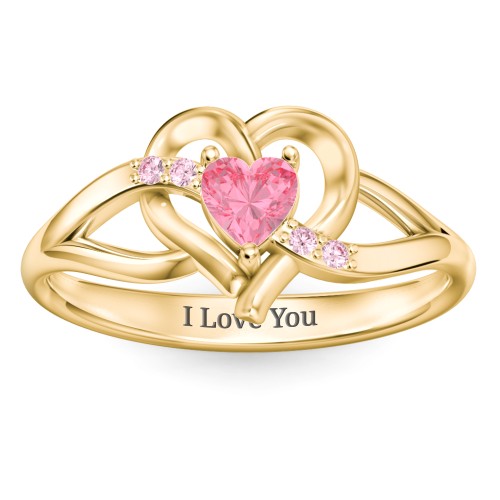 Infinity and Heart Birthstone Ring with Accents – 18K Gold Plated Silver with Pink Tourmaline and Fancy Pink Premium Zirconia