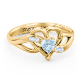 Infinity and Heart Birthstone Ring with Accents in 18K Gold Plated Silver with Aquamarine and Fancy Blue Premium Zirconia