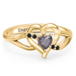 Infinity and Heart Birthstone Ring with Accents in 18K Gold Plated Silver with Alexandrite and Black Premium Zirconia