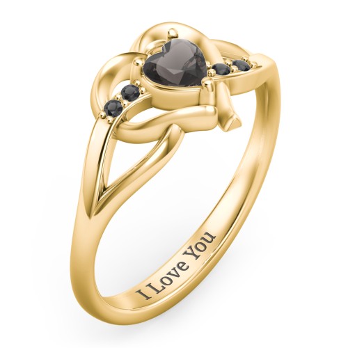 Infinity and Heart Birthstone Ring with Accents – 18K Gold Plated Silver with Smokey Quartz and Black Premium Zirconia