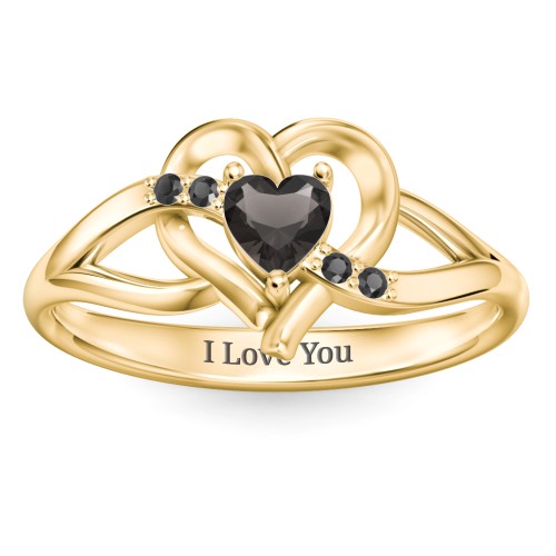 Infinity and Heart Birthstone Ring with Accents – 18K Gold Plated Silver with Smokey Quartz and Black Premium Zirconia