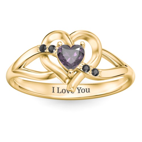 Infinity and Heart Birthstone Ring with Accents – 18K Gold Plated Silver with Alexandrite and Black Premium Zirconia