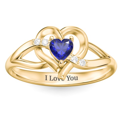 Infinity and Heart Birthstone Ring with Accents – 9kt Yellow Gold with Blue Sapphire and White Premium Zirconia