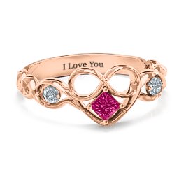 Shimmering Infinity Princess Stone Heart Ring in 9K Solid Rose Gold with Ruby and Cubic Zirconia