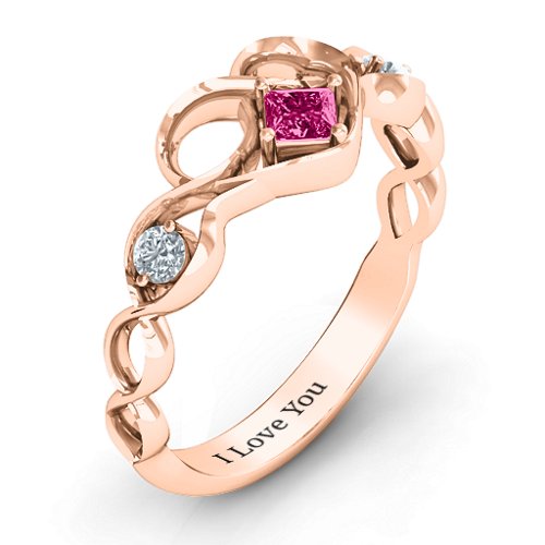 Shimmering Infinity Princess Stone Heart Ring – 9kt Rose Gold with Ruby and Cubic Zirconia