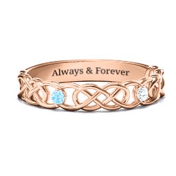 Two-Stone Interwoven Infinity Ring in 9K Solid Rose Gold with Blue Topaz and Cubic Zirconia