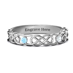 Two-Stone Interwoven Infinity Ring in 925 Sterling Silver with Blue Topaz and Cubic Zirconia