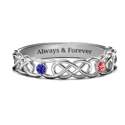 Two-Stone Interwoven Infinity Ring in 925 Sterling Silver with Blue Sapphire and Garnet