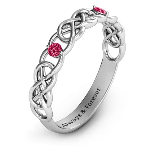 Two-Stone Interwoven Infinity Ring – Sterling Silver with Ruby