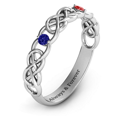 Two-Stone Interwoven Infinity Ring – Sterling Silver with Blue Sapphire and Garnet