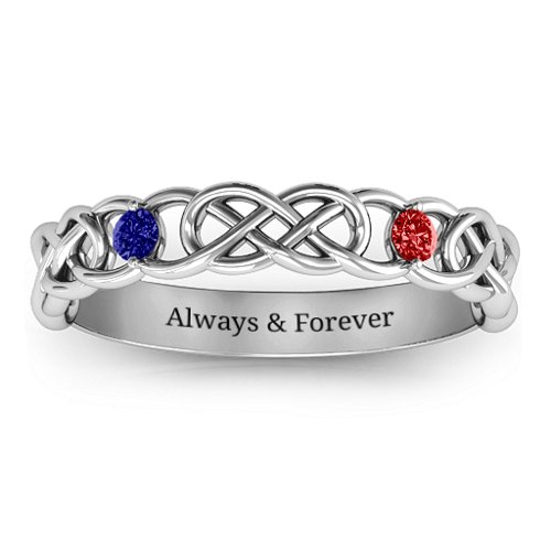 Two-Stone Interwoven Infinity Ring – Sterling Silver with Blue Sapphire and Garnet
