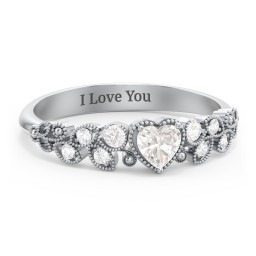 Heart Cut Gemstone Ring with Milgrain and Leaf Detailing in 925 Sterling Silver with Cubic Zirconia and White Premium Zirconia
