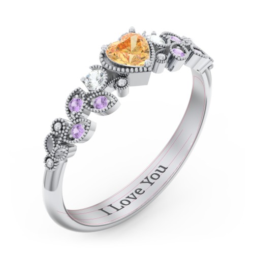 Heart Cut Gemstone Ring with Milgrain and Leaf Detailing