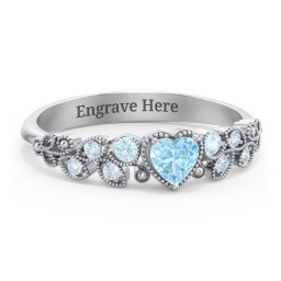 Heart Cut Gemstone Ring with Milgrain and Leaf Detailing in 925 Sterling Silver with Blue Topaz and Fancy Blue Premium Zirconia
