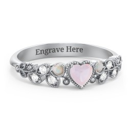 Heart Cut Gemstone Ring with Milgrain and Leaf Detailing in 925 Sterling Silver with Opal and White Premium Zirconia