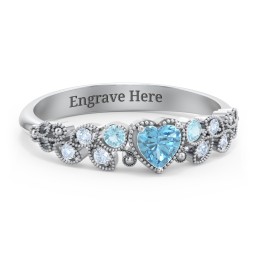 Heart Cut Gemstone Ring with Milgrain and Leaf Detailing in 925 Sterling Silver with Blue Topaz and Fancy Blue Premium Zirconia
