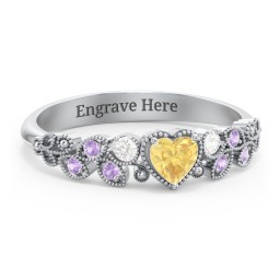 Heart Cut Gemstone Ring with Milgrain and Leaf Detailing in 925 Sterling Silver with Citrine, Cubic Zirconia, and Amethyst Premium Zirconia
