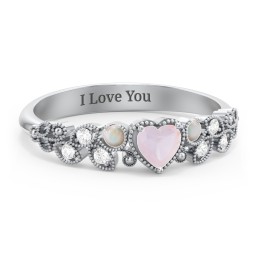 Heart Cut Gemstone Ring with Milgrain and Leaf Detailing in 925 Sterling Silver with Opal and White Premium Zirconia