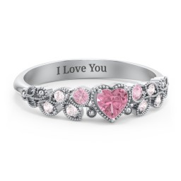 Heart Cut Gemstone Ring with Milgrain and Leaf Detailing in 925 Sterling Silver with Pink Tourmaline and Fancy Pink Premium Zirconia