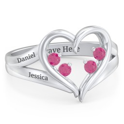 Engravable Split Shank Heart Ring with Gemstones in 925 Sterling Silver with Ruby
