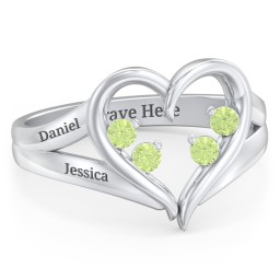 Engravable Split Shank Heart Ring with Gemstones in 925 Sterling Silver with Peridot