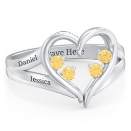 Engravable Split Shank Heart Ring with Gemstones in 925 Sterling Silver with Citrine