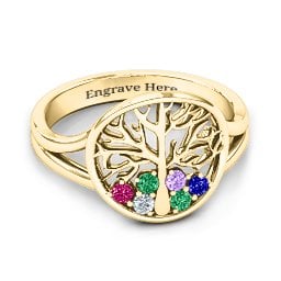 Always Around Love 6 Stone Family Tree Ring in 9K Solid Yellow Gold with Emerald, Ruby, Cubic Zirconia, Amethyst, and Blue Sapphire