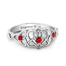 Triple Trinity Celtic Heart Ring in 925 Sterling Silver with Garnet