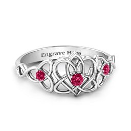 Triple Trinity Celtic Heart Ring in 925 Sterling Silver with Ruby