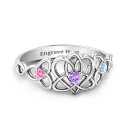 Triple Trinity Celtic Heart Ring in 925 Sterling Silver with Amethyst, Pink Tourmaline, and Aquamarine