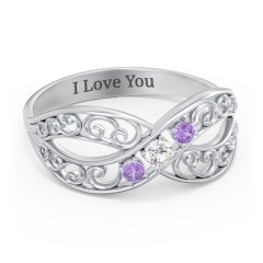 3 Stone Filigree Infinity Ring – Sterling Silver with Cubic Zirconia and Amethyst
