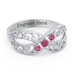 3 Stone Filigree Infinity Ring in 925 Sterling Silver with Ruby