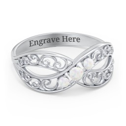 3 Stone Filigree Infinity Ring in 925 Sterling Silver with Opal