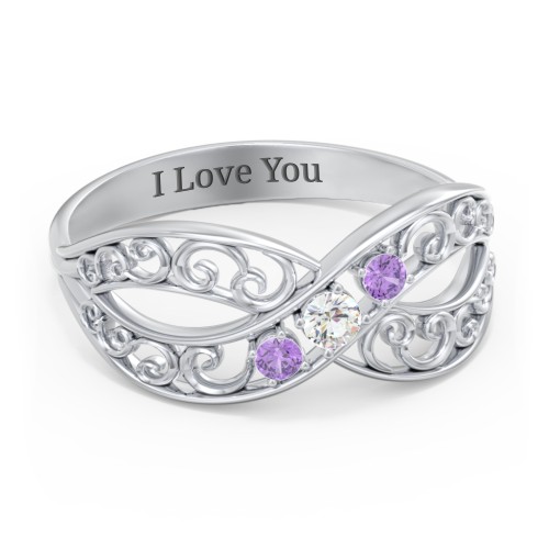 3 Stone Filigree Infinity Ring – Sterling Silver with Cubic Zirconia and Amethyst
