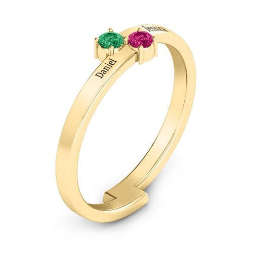 Diagonal Dazzle Ring With 2-3 Gemstones – 9kt Yellow Gold with Emerald and Ruby