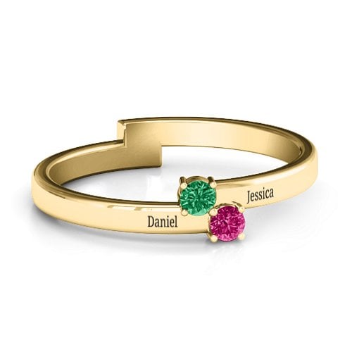 Diagonal Dazzle Ring With 2-3 Gemstones – 9kt Yellow Gold with Emerald and Ruby