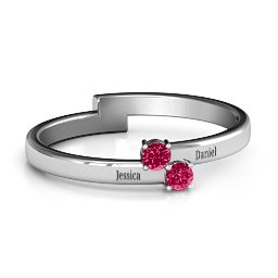 Diagonal Dazzle Ring With 2-3 Gemstones in 925 Sterling Silver with Ruby and Cubic Zirconia