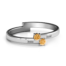 Diagonal Dazzle Ring With 2-3 Gemstones in 925 Sterling Silver with Citrine and Cubic Zirconia