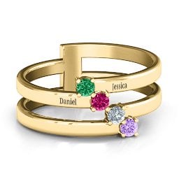 Diagonal Dazzle Ring With 4-5 Gemstones in 9K Solid Yellow Gold with Emerald, Ruby, Cubic Zirconia, and Amethyst