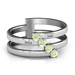 Diagonal Dazzle Ring With 4-5 Gemstones in 925 Sterling Silver with Peridot and Ruby