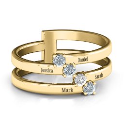 Diagonal Dazzle Ring With 4-5 Gemstones in 9K Solid Yellow Gold with Cubic Zirconia, White Premium Zirconia, and Ruby