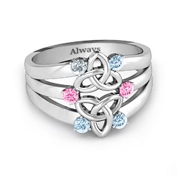 Celtic Celebration Ring in 925 Sterling Silver with Cubic Zirconia, Pink Tourmaline, and Aquamarine